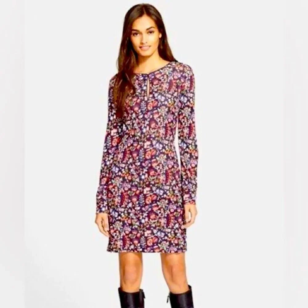 Tory Burch Floral Folk Print Long Sleeve Dress V-Neck Keyhole Stretch Knit L